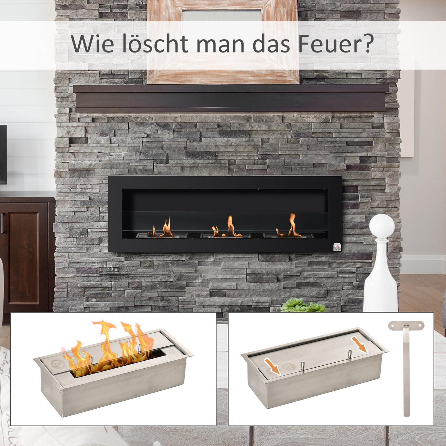 HOMCOM Ethanol-Kamin Bio-Ethanol-Brenner 3 Brennboxen 1L 3 Std. Brenndauer 2000W kein Rauch wandmontiert Stahl gehärtetes Glas Schwarz 120 x 15 x 40 cm