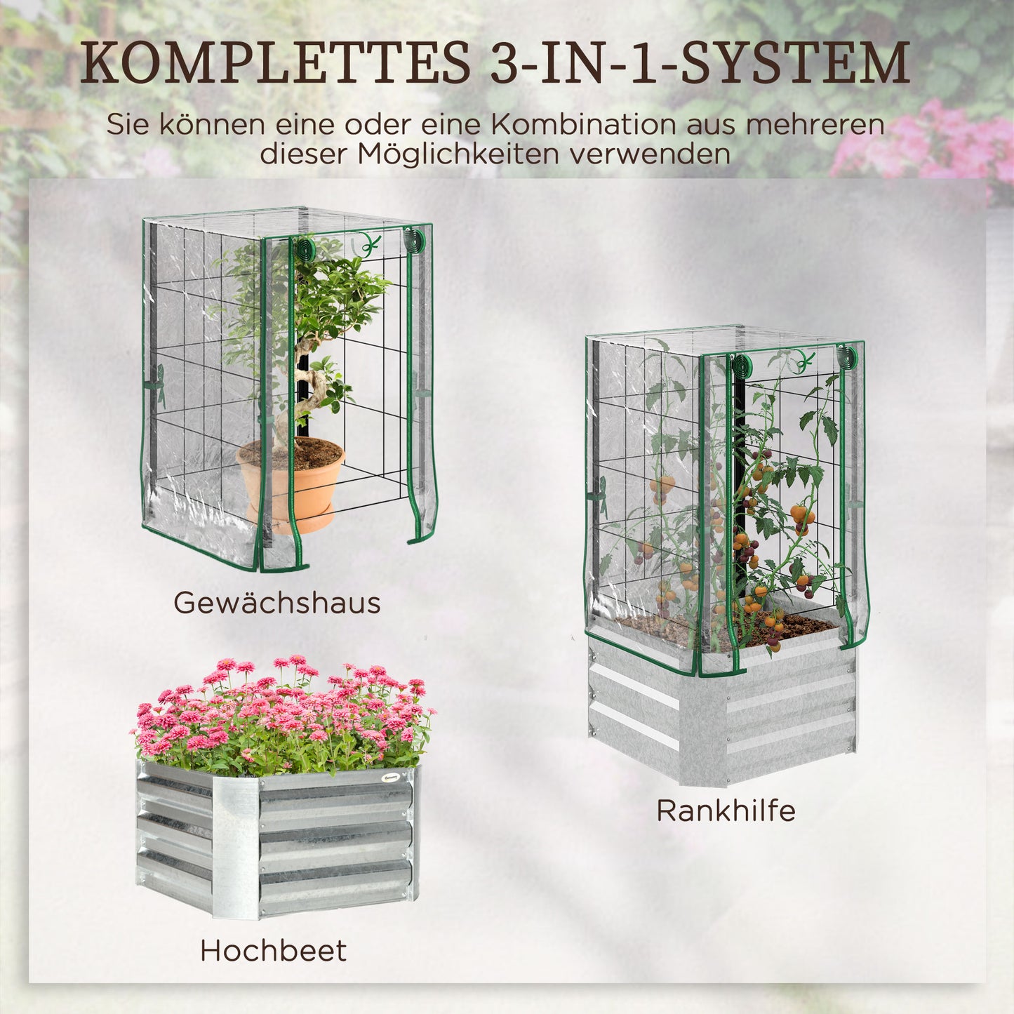 Outsunny Hochbeet, Gewächshaus, 3-tlg.-Set, mit Rankgitter, Kunststoffabdeckung, 53 x 53 x 90 cm