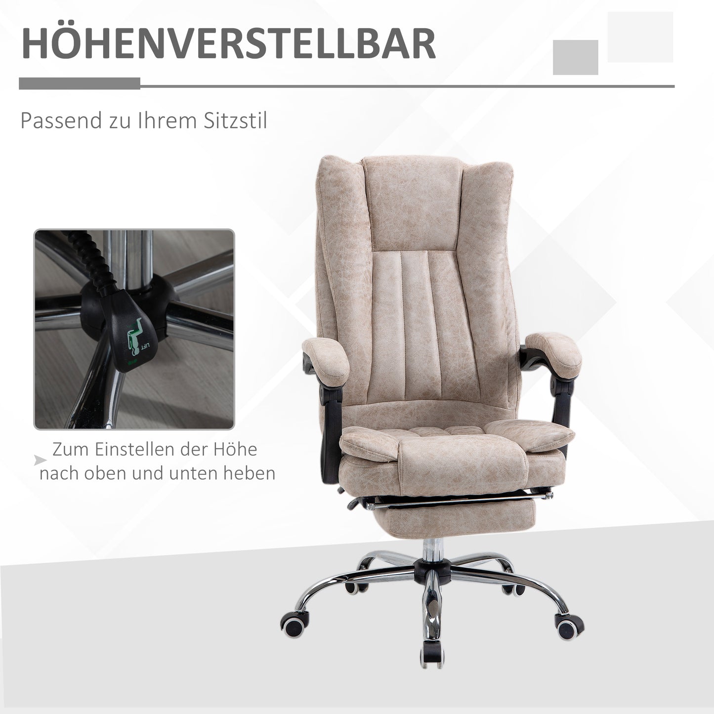 Vinsetto Bürostuhl Drehstuhl med Liegefunktion Fußstütze Bürosessel Sitzhöhenverstellung Stuhl Schreibtischstuhl Mikrofaser Kunststoff Metall Nylon Beige+Schwarz+Silber 63 x 71 x 110-118 cm