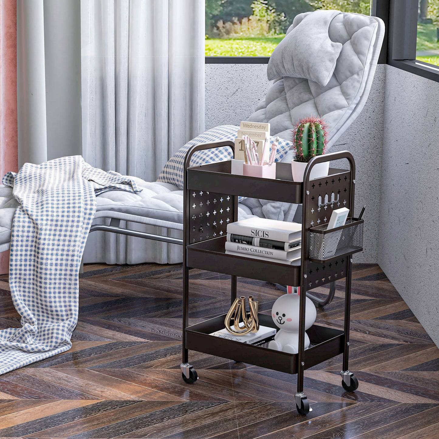 HOMCOM Mehrzweckwagen Rollwagen Küchenwagen, 3 Regale, 4 Rollen, 53,5 cm x 30,5 cm x 75 cm, Schwarz