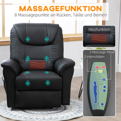 HOMCOM Massagestuhl mit Aufstehhilfe, 8 Vibrationspunkte, Heizfunktion, Fußstütze, Schwarz