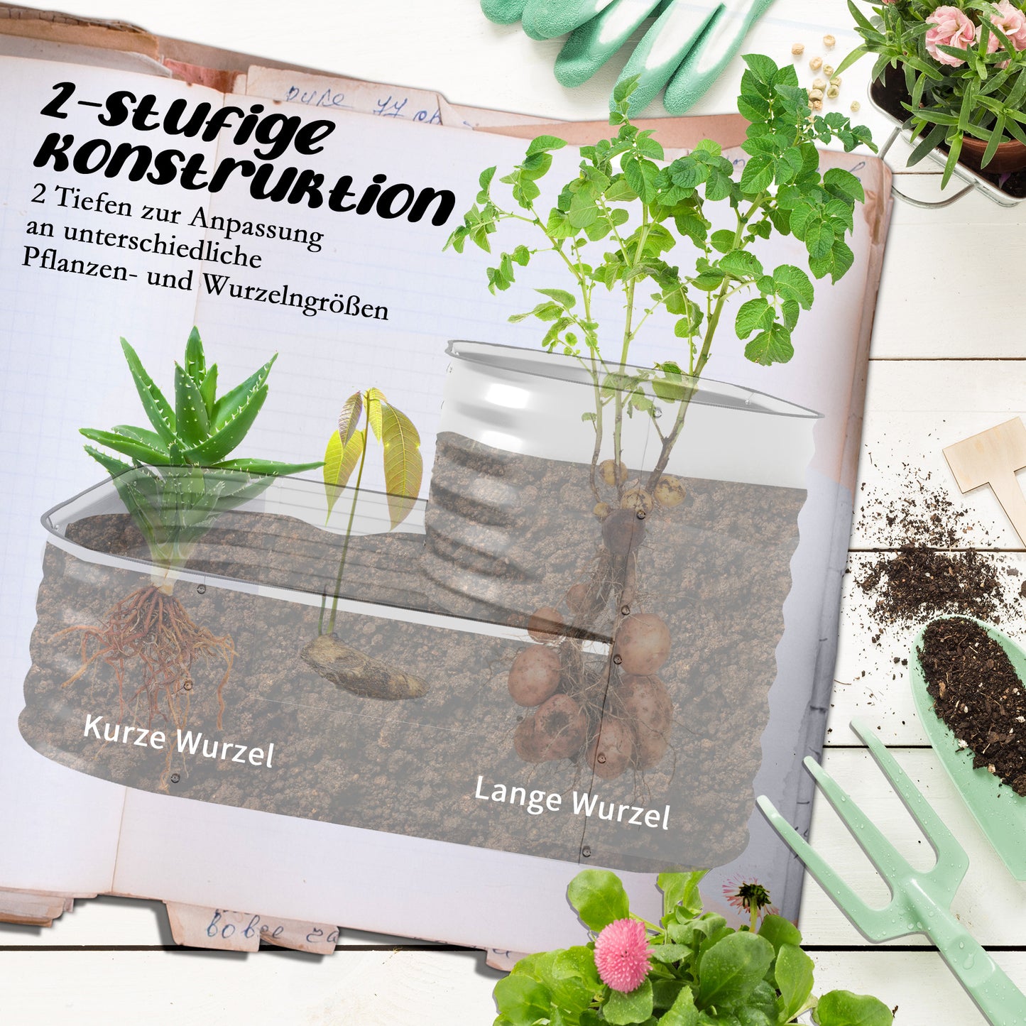 Outsunny Hochbeet aus Metall, 2 Etagen, witterungsfest, offener Boden, 120 x 90 x 30cm, Farbe: Silber