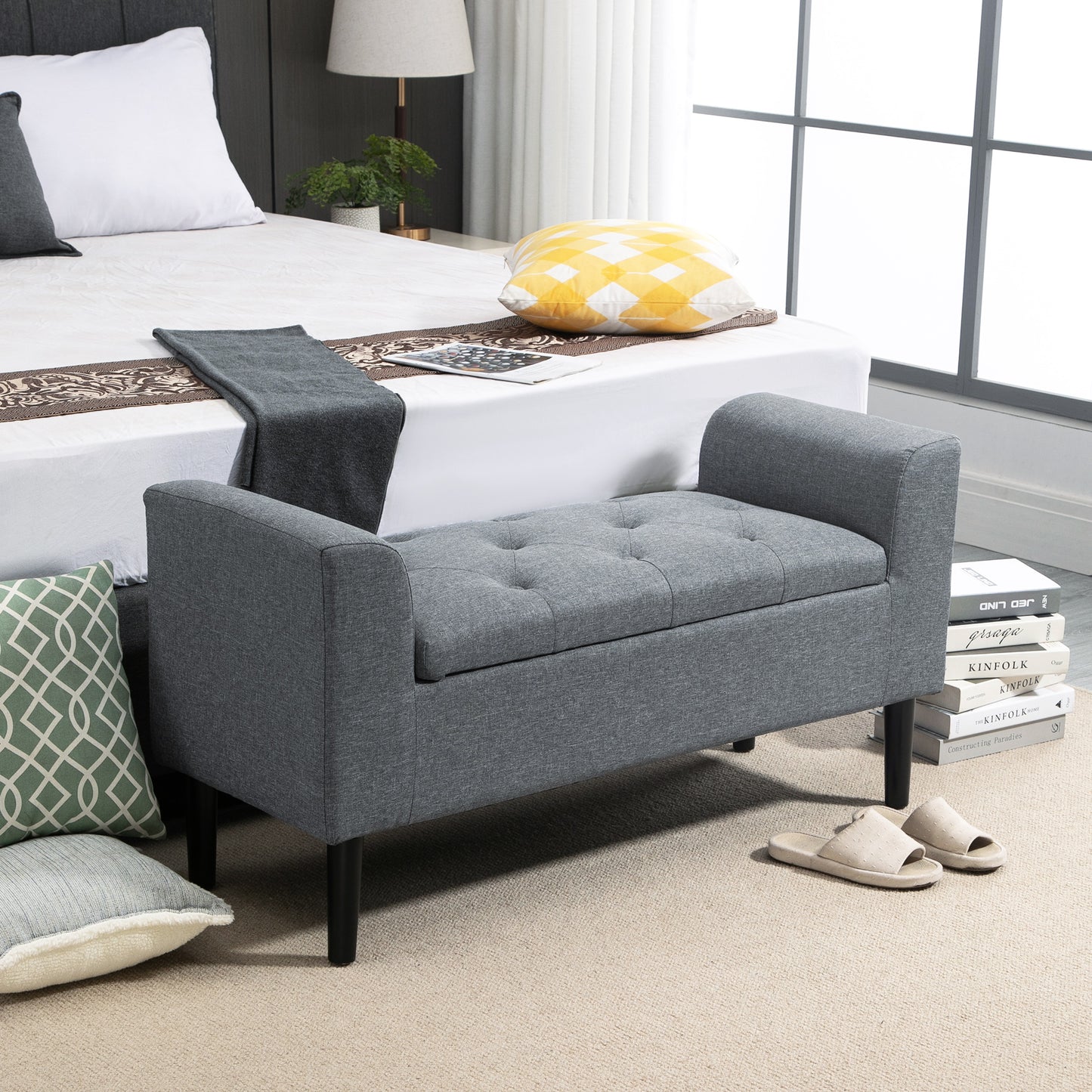 HOMCOM Sitzbank mit Stauraum, Polsterbank, belastbar bis 130 kg, Leinenoptik, Kautschukholz, 116 x 44 x 58 cm, Hellgrau