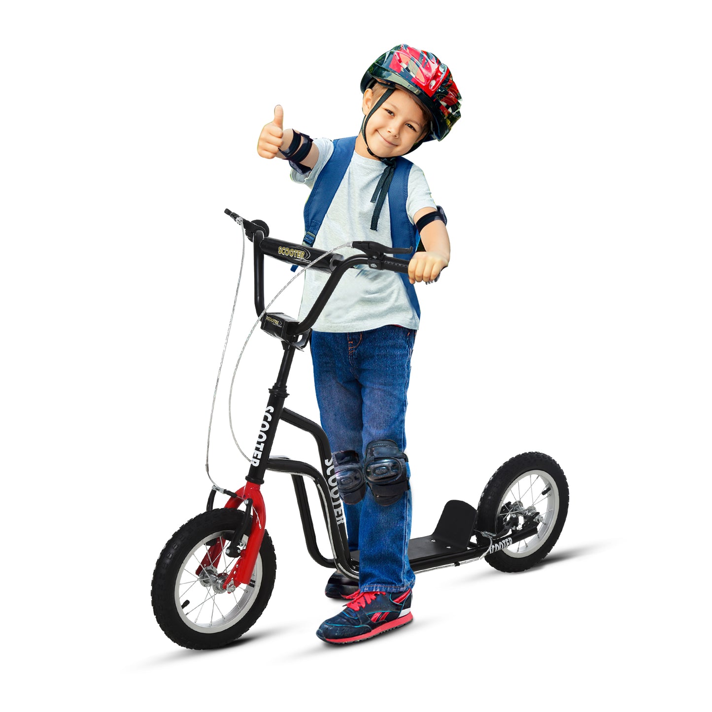 HOMCOM Kinderroller Lenker Verstellbar Scooter Tretroller Cityroller Kinder Roller Kickboard mit Luftreifen 12 Zoll ab 5 Jahre Schwarz 120 x 58 x 75-80 cm