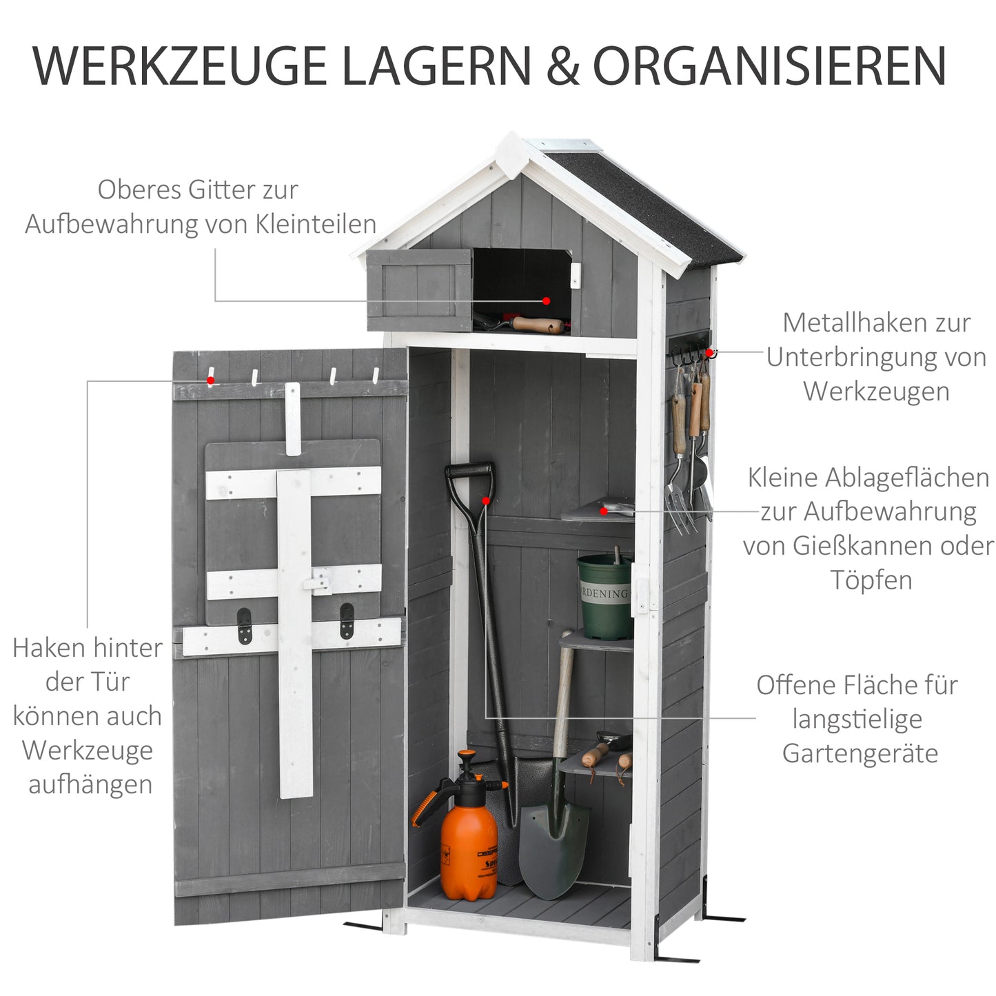Outsunny Gartenschrank Holz, Geräteschuppen wetterfest 78x52,5x182cm, Gerätehaus mit Tür, Satteldach, Geräteschrank mit Haken, faltbar Tisch, Werkzeugschrank Gartenschuppen für Garten, Terrasse, Grau