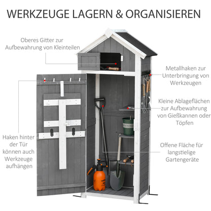 Outsunny Gartenschrank Holz, Geräteschuppen wetterfest 78x52,5x182cm, Gerätehaus mit Tür, Satteldach, Geräteschrank mit Haken, faltbar Tisch, Werkzeugschrank Gartenschuppen für Garten, Terrasse, Grau