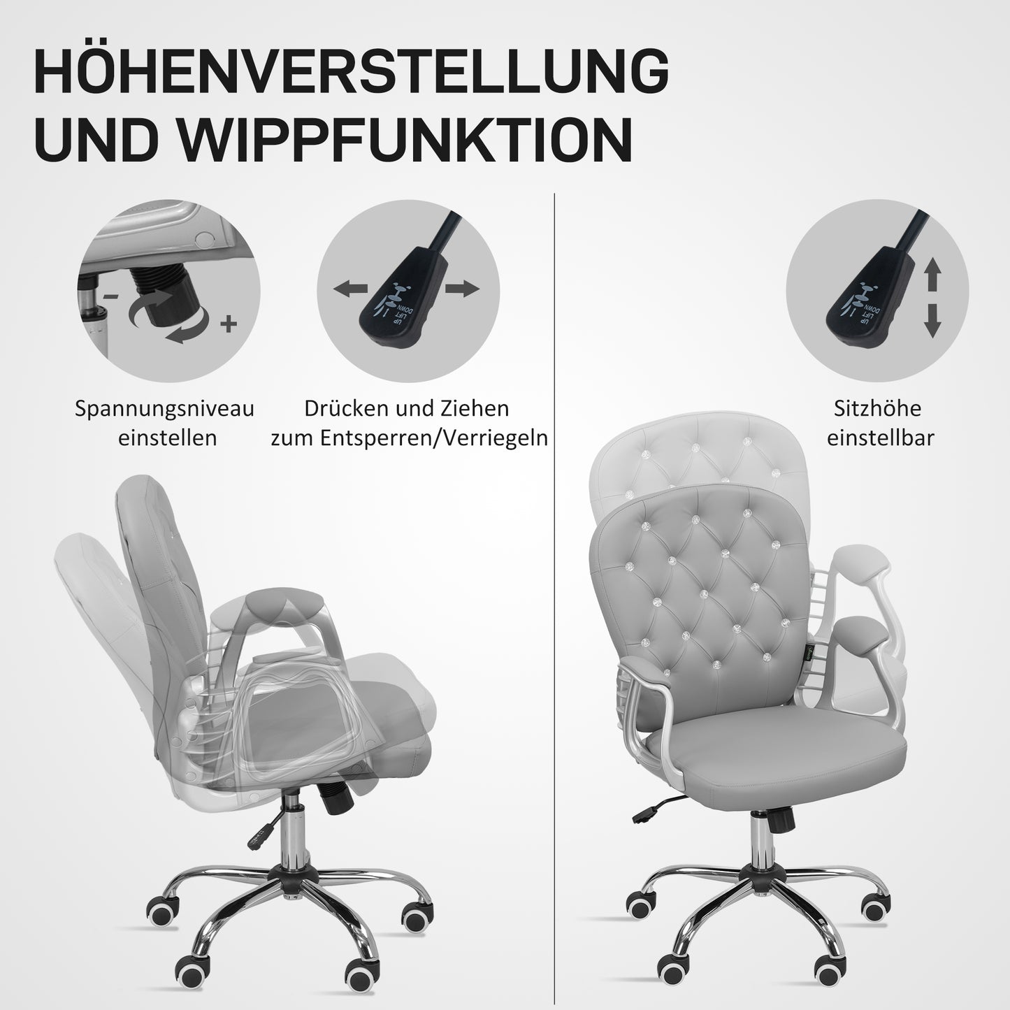 Vinsetto Bürostuhl, Ergonomisch Schreibtischstuhl mit Armlehne, Gepolsterter Rückenlehne Hellgrau