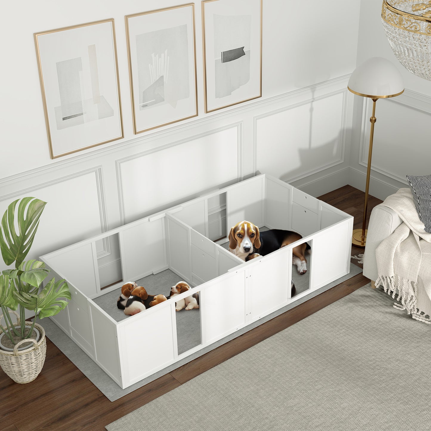 PawHut Wurfkiste für Welpen, teilbar i 2 Räume, Acrylfenster, 196 x 96 x 48 cm, Weiß