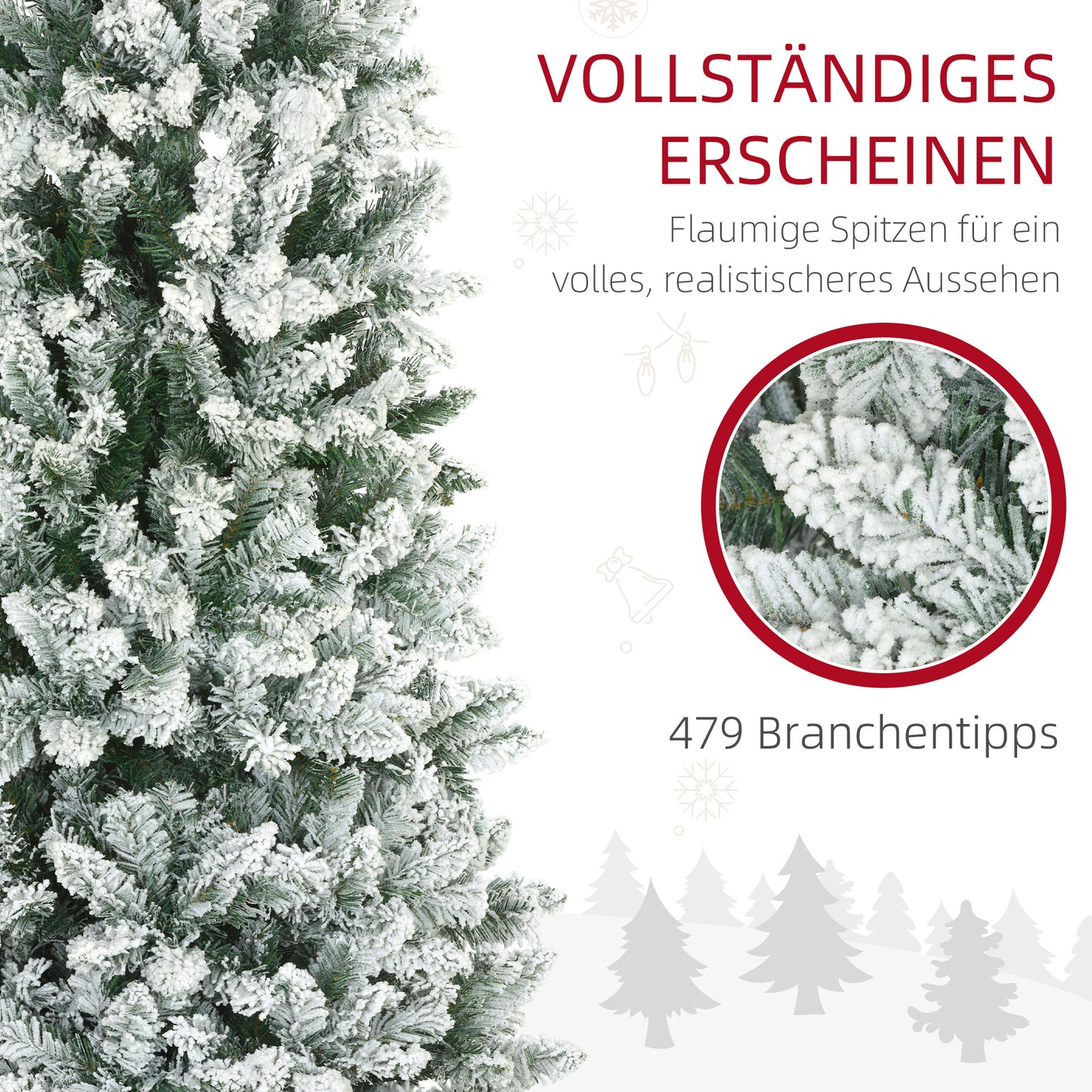 HOMCOM Künstlicher Weihnachtsbaum, schlanke Form, Kunstschnee, dreiteilig, flammhemmend, Metallfuß, 183 cm, Grün
