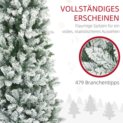 HOMCOM Künstlicher Weihnachtsbaum, schlanke Form, Kunstschnee, dreiteilig, flammhemmend, Metallfuß, 183 cm, Grün