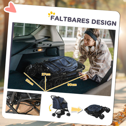 PawHut Hundewagen Hundebuggy bis 10kg verstellbares Vordach klappbar Bodenkorb 2 Bremsen Sicherheitsleine Blau