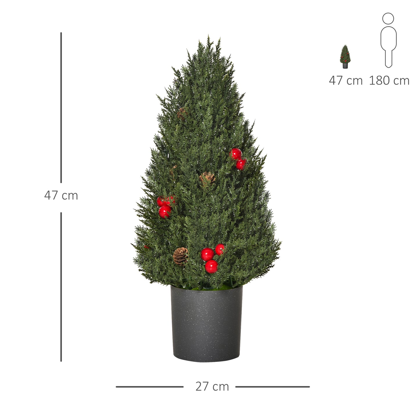 HOMCOM Mini-Weihnachtsbaum mit roten Beeren und Tannenzapfen, inkl. Übertopf 27 cm x 27 cm x 47 cm, Mehrfarbig