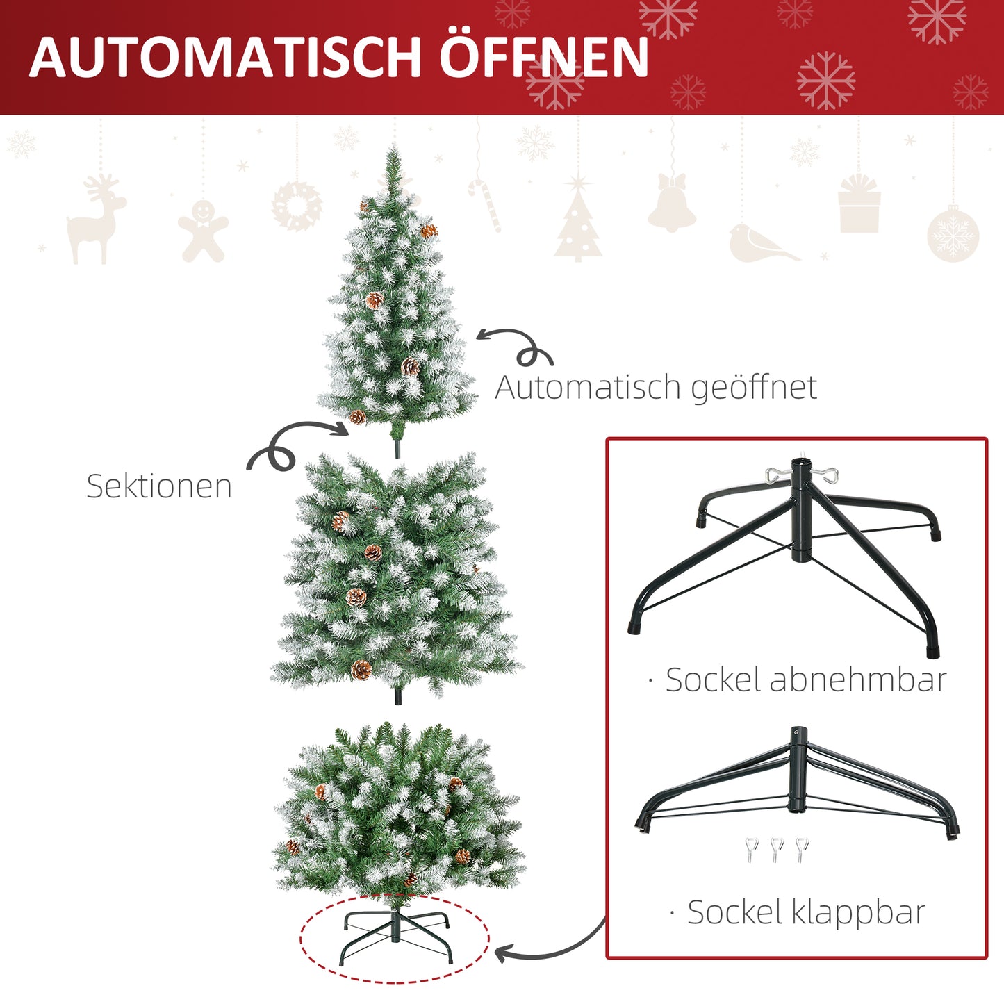 HOMCOM Künstlicher Weihnachtsbaum, 630 Zweige, 37 Zapfen, verschneite Spitzen, feuerfest, 180 cm