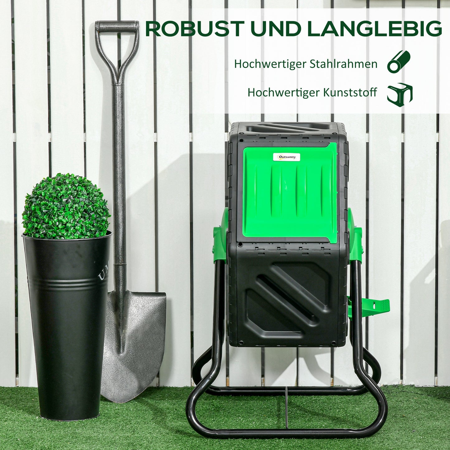 Outsunny Kompostbehälter, 65 Liter Komposter, drehbar, kompakt, 24 Belüftungslöcher, Stahl, Kunststoff, Grün+Schwarz