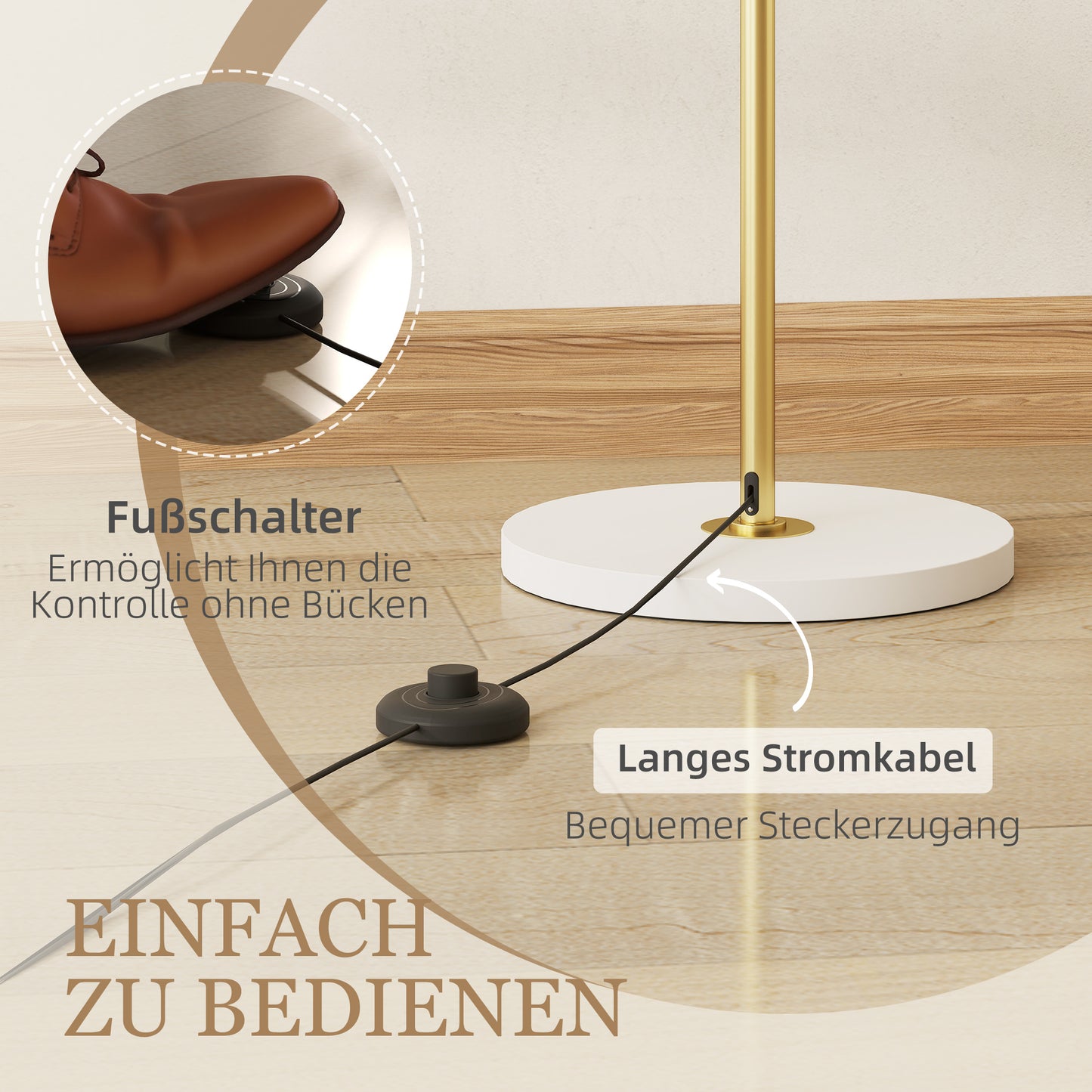 HOMCOM Stehlampe, Fußschalter, Metallstruktur, Acrylschirm, 4000K, dimmbar, Goldfarben