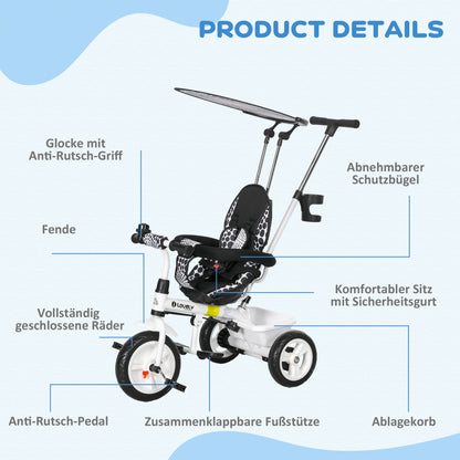 HOMCOM 6-in-1 Kinderdreirad mit Schiebestange, Dach, Gurt, Ablagekorb, für 1-5 Jahre, Weiß
