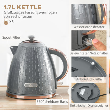 HOMCOM 2-in-1 Küchenset, Toaster und Wasserkocher, mehrere Optionen, 1,7 L, 4 Toastscheiben gleichzeitig, Kunststoff, Grau