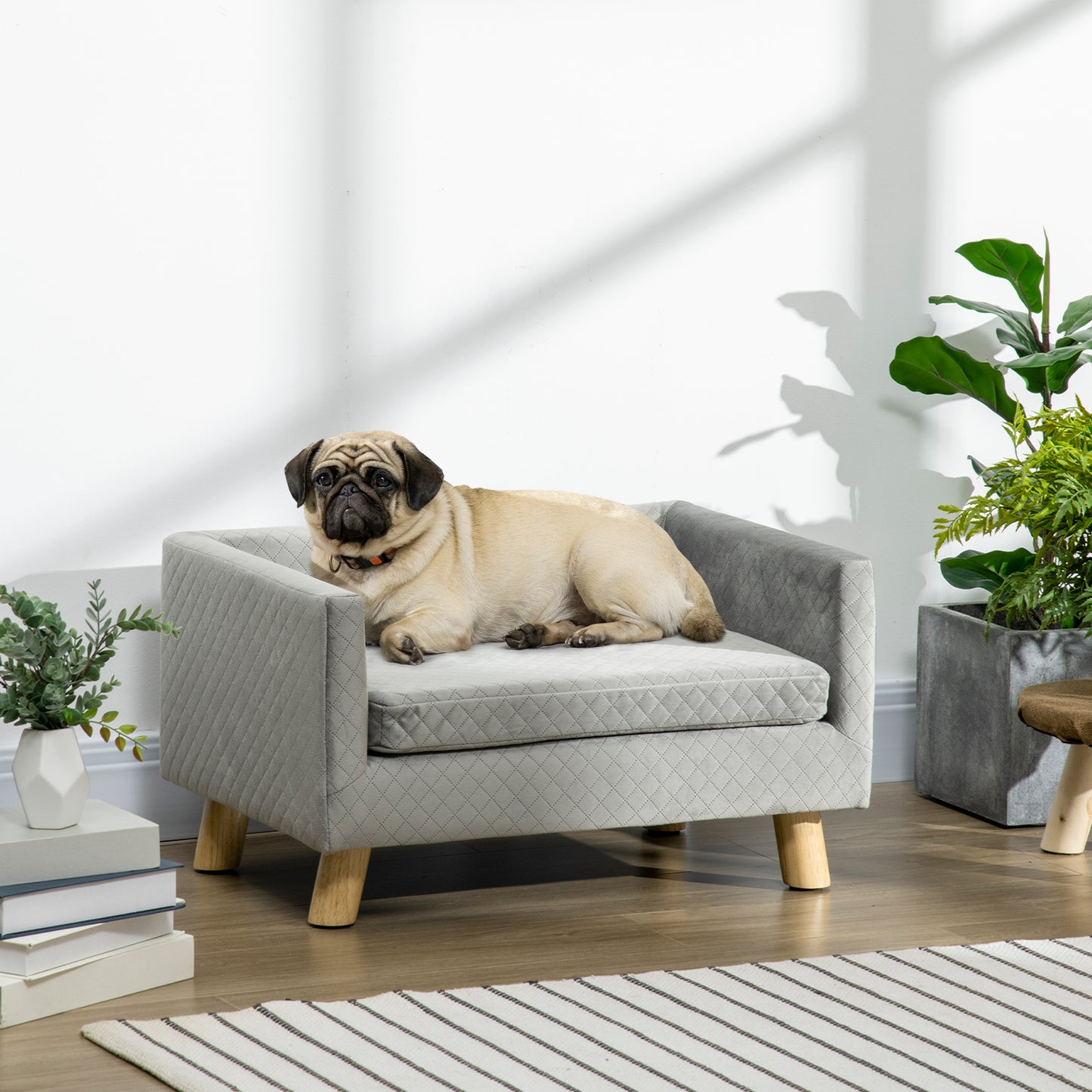 PawHut Hundesofa mit Holzbeinen Hundebett Haustiersofa Hundematte für kleine Hunde bis zu 8 kg Samt-Touch Grau 64 x 45 x 36 cm