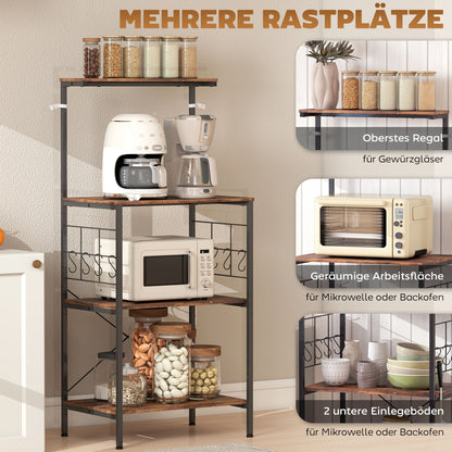 HOMCOM Küchenregal, 4-stufiges Design, Arbeitsplatte, 8 Haken, Metallrohre, Braun+Schwarz