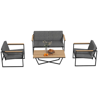 Outsunny Gartenmöbel Set 4 Personen wetterfest Balkonmöbel-Set mit 2er Sofa, 2 Stühle Sitzkissen Beistelltisch Grau
