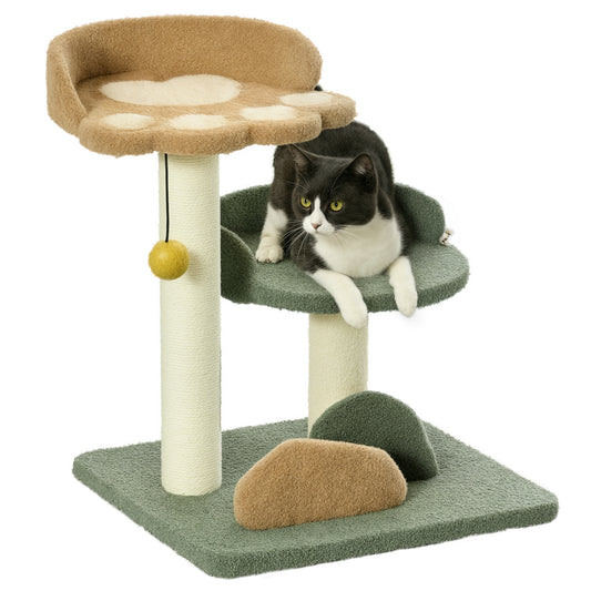 PawHut Kleiner Kratzbaum mit 2 Liegeflächen, inkl. Spielzeug, für kleine Katzen, Grün Beige+ Braun