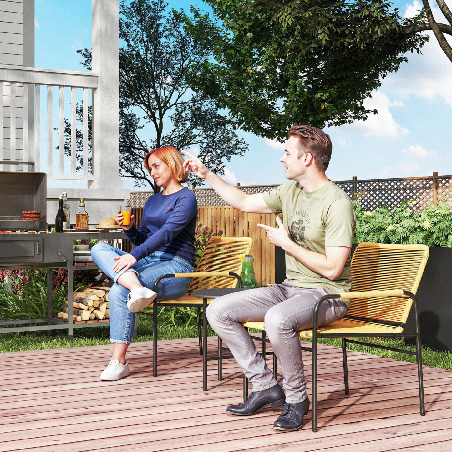 Outsunny 3-tlg. Rattan Bistroset, Sitzgruppe, Gartengarnitur mit 2 Gartensesseln, Couchtisch 54 x 66 x 76 cm Gelb