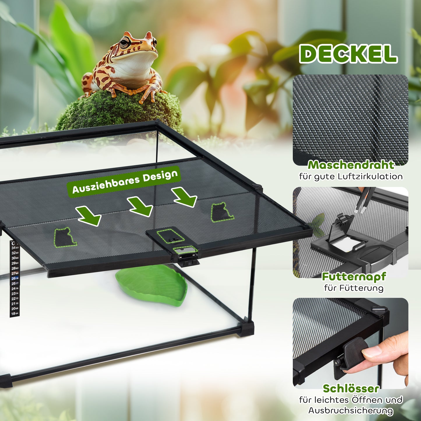 PawHut Reptilienbox Terrarium, inkl. Streifentermometer, Fütterungsklappen, 50 cm x 30 cm x 25 cm, Glas + Metall, Schwarz