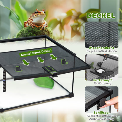 PawHut Reptilienbox Terrarium, inkl. Streifentermometer, Fütterungsklappen, 50 cm x 30 cm x 25 cm, Glas + Metall, Schwarz