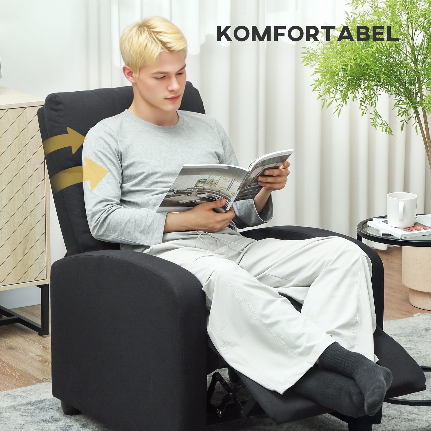 HOMCOM Relaxsessel, verstellbar 135°, ausziehbare Fußstütze, gepolsterte Lehnen, Leinen-Polyester, Schwarz