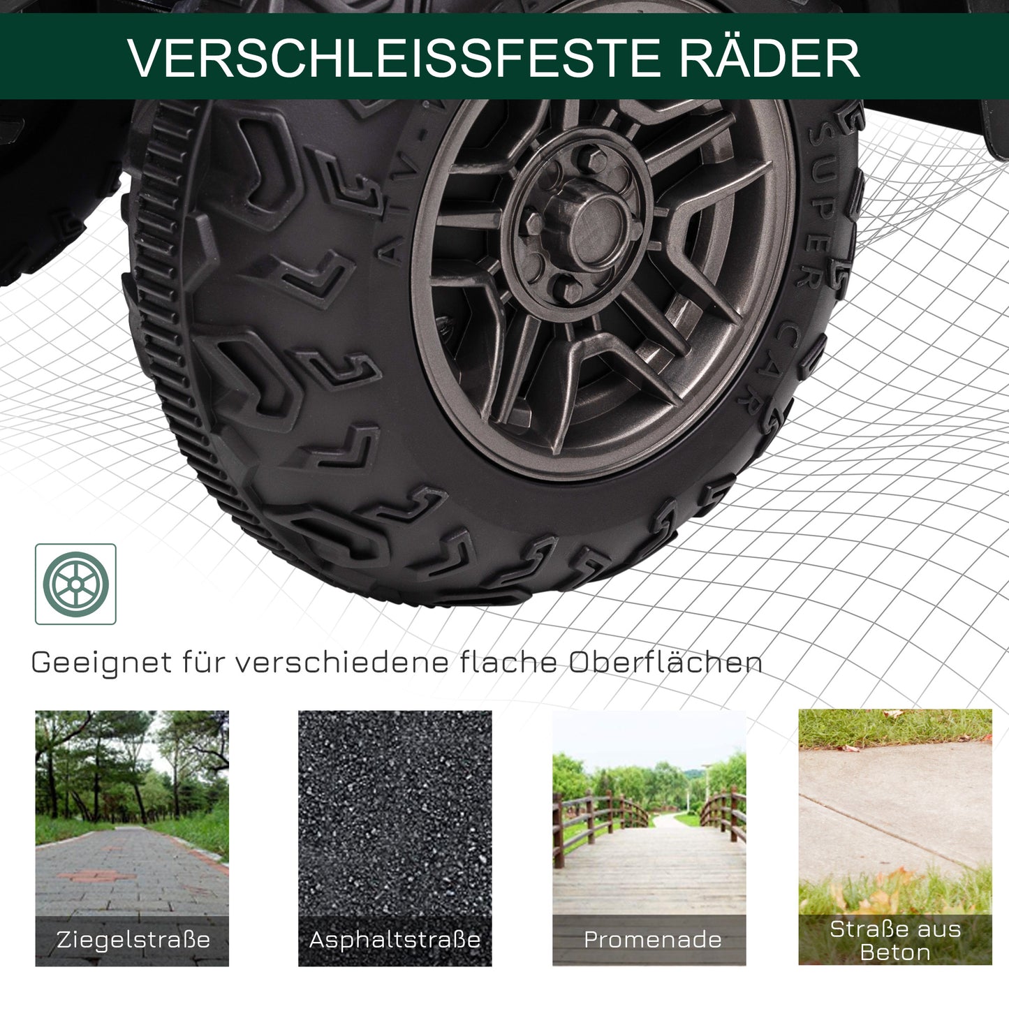 HOMCOM Kinder-Elektroquad, max. 4 km/h, ab 3 Jahren, LED-Scheinwerfer, Musikanschluss, schwarz+grün 88 x 45 x 50 cm