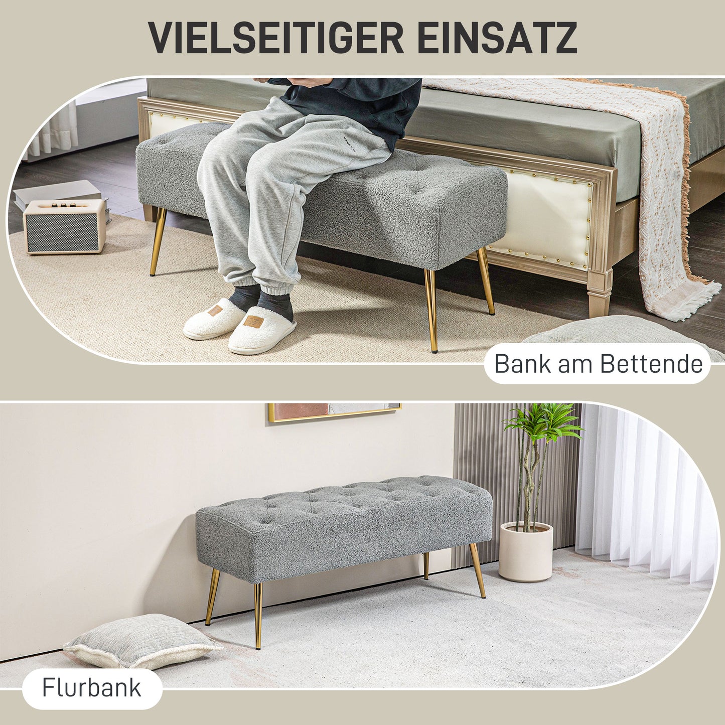 HOMCOM Bettbank, Sitzbank, weicher Bezug in Lammwoll-Optik, bis 120 kg, vergoldete Stahlbeine, 112x41x46cm, Grau