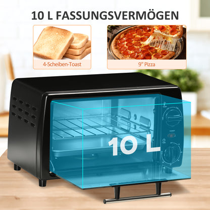 HOMCOM Mini-Ofen Toasterofen, 1 Backblech, 1 Grilrost, 10 L Kapazität, Timer-Funktion, 36.5 cm x 26 cm x 22 cm, Schwarz
