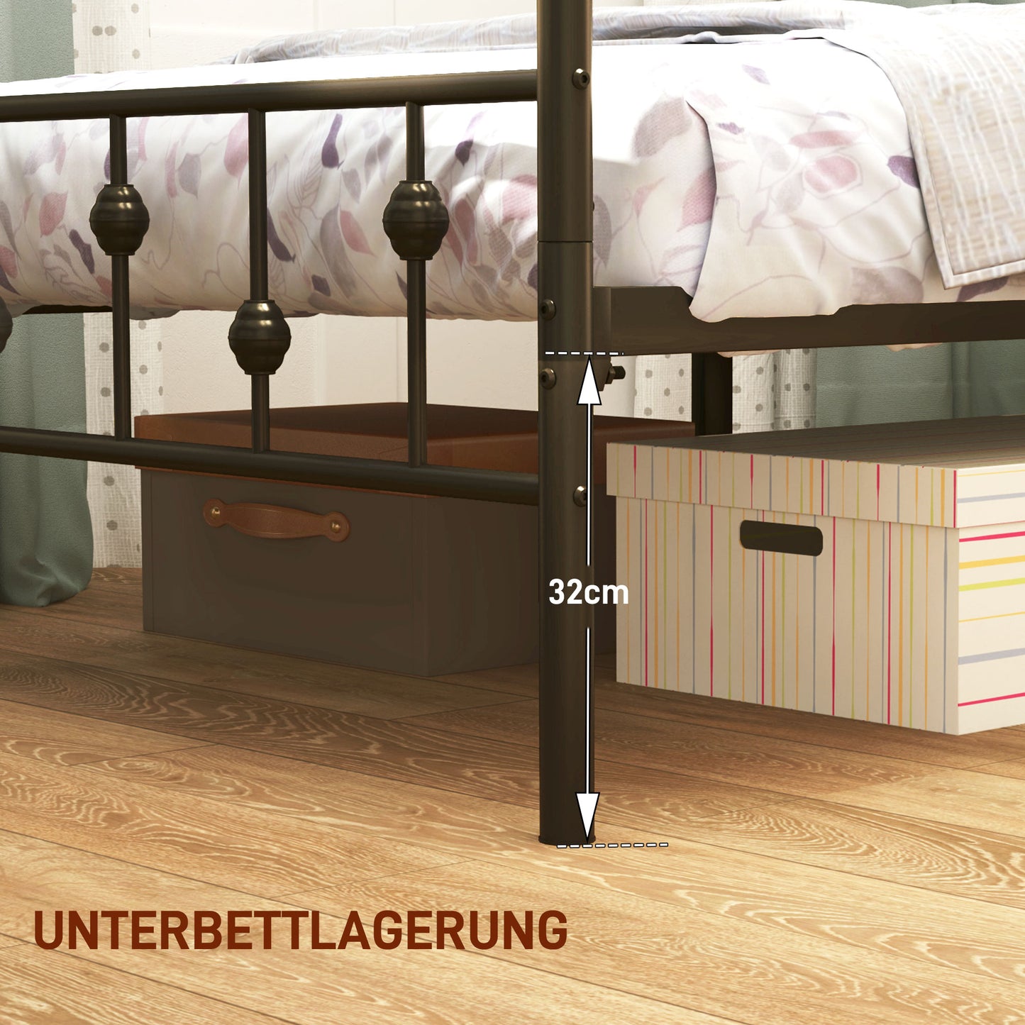 HOMCOM Einzelbettgestell aus Metall, Leichte Montage, mit geräuschreduzierenden Gummikits, Schwarz