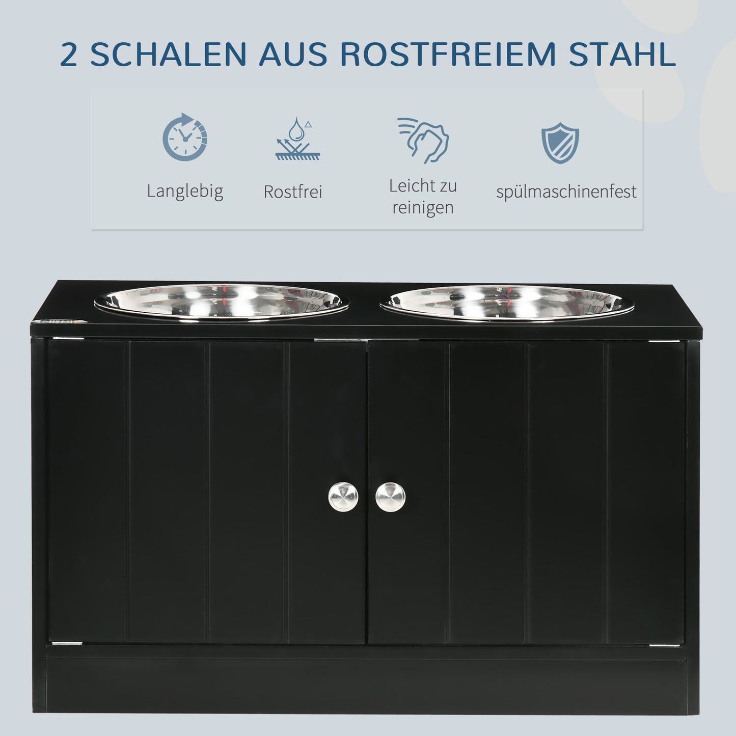 PawHut Erhöhte Futterstation mit 2 Edelstahlschüsseln und 44 L Stauraum, Magnettüren, für große Hunde, Schwarz