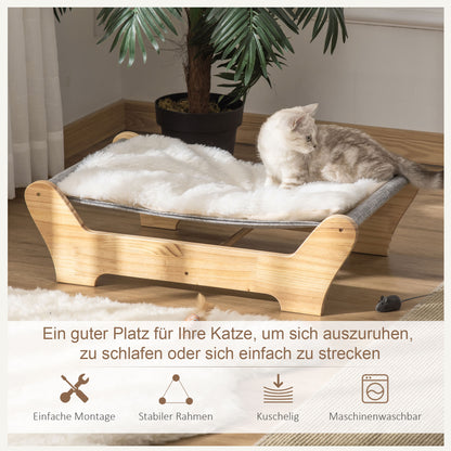 PawHut Katzenbett mit Gestell Hängematte für Katzen erhöhtes Katzennest mit weichem Kissen Kiefernholz Natur 68 x 43 x 20 cm