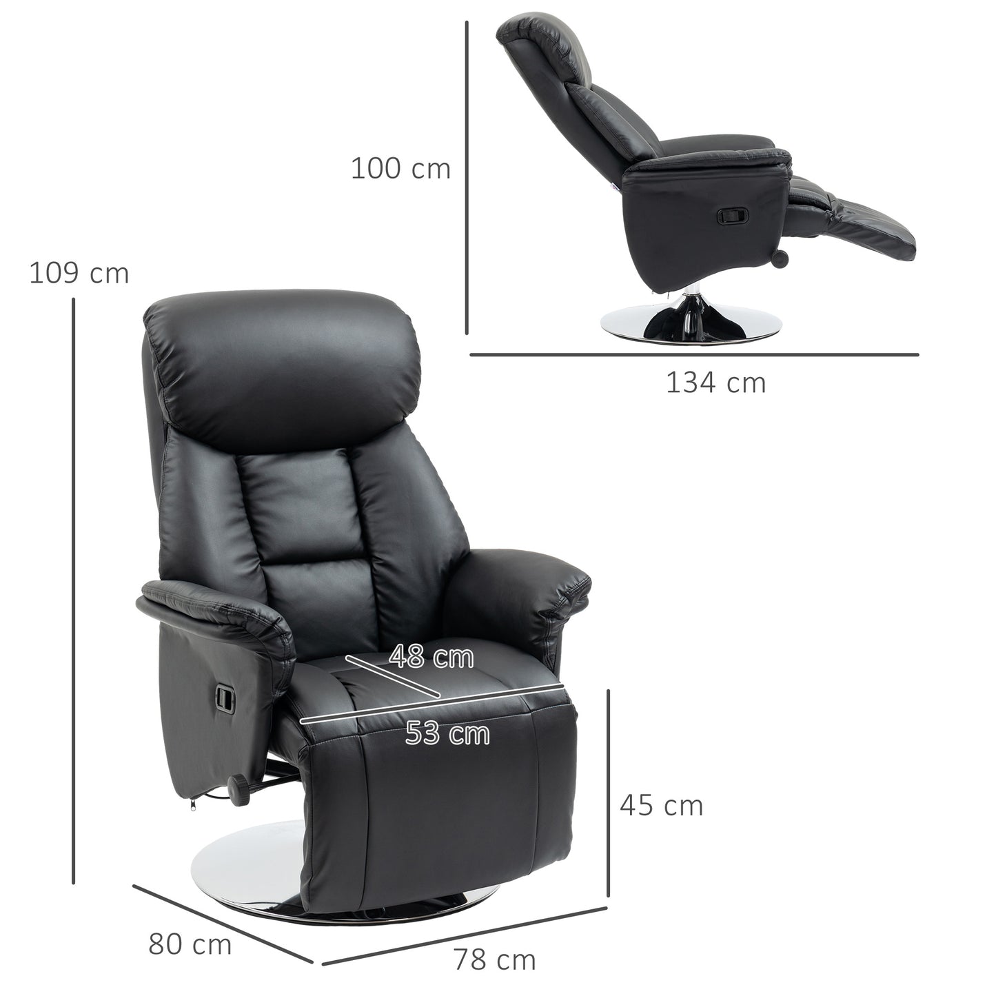 HOMCOM Relaxsessel, Liegefunktion, Lederoptik, Fußstütze, bis 150 kg, 78 x 80 x 109 cm, Schwarz