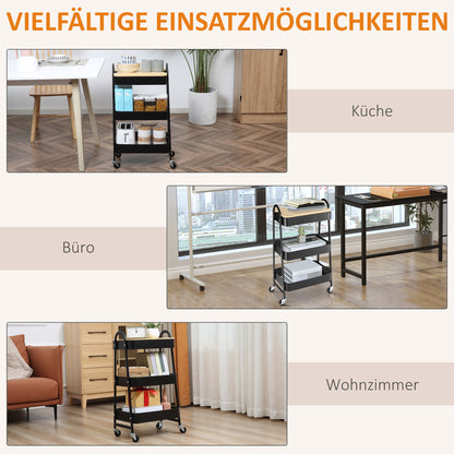 HOMCOM Rollwagen, Servierwagen mit 3 Korbböden, Metall, Kunststoff, Schwarz