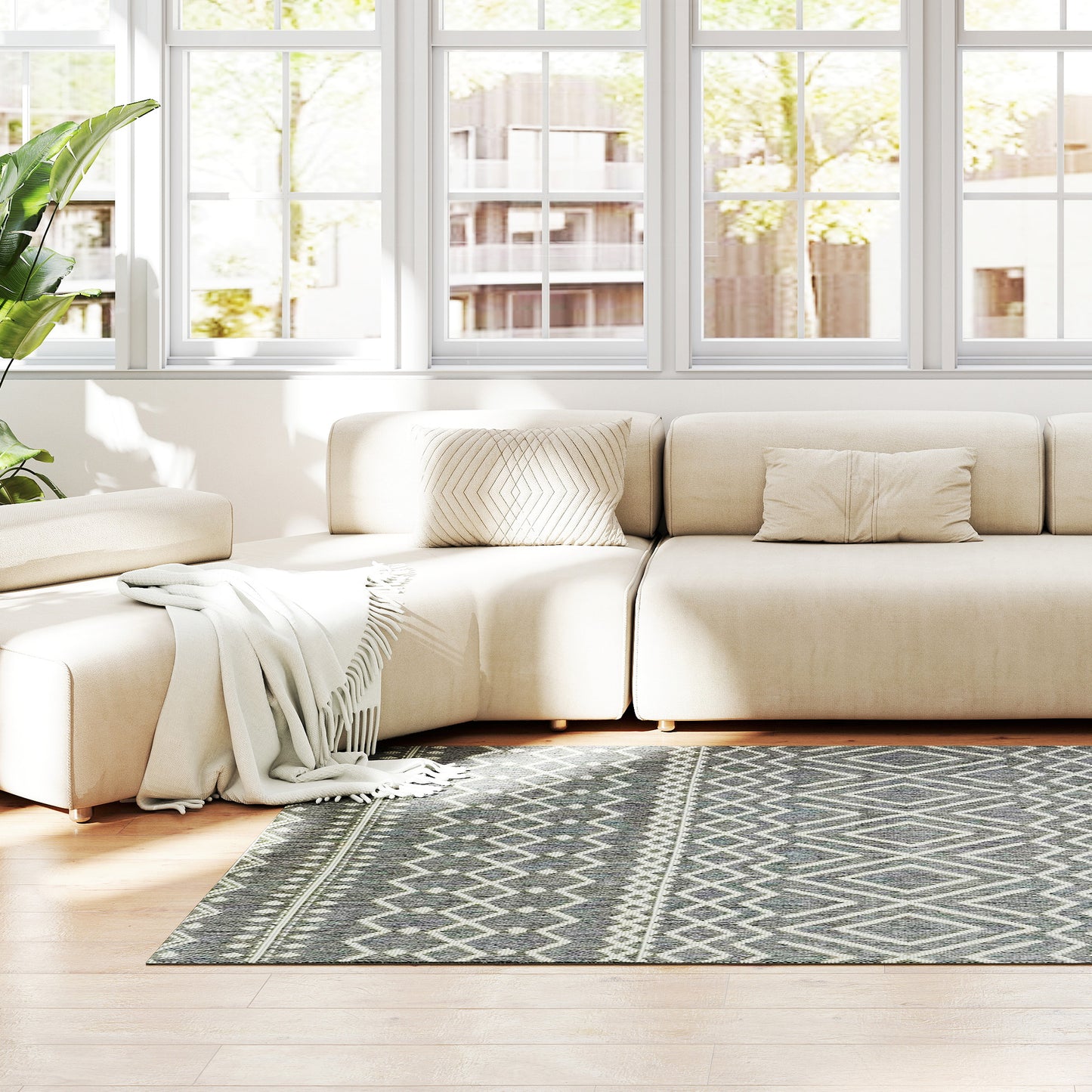 HOMCOM Teppich für drinnen und draußen, Boho-Design, leicht zu reinigen, Grau