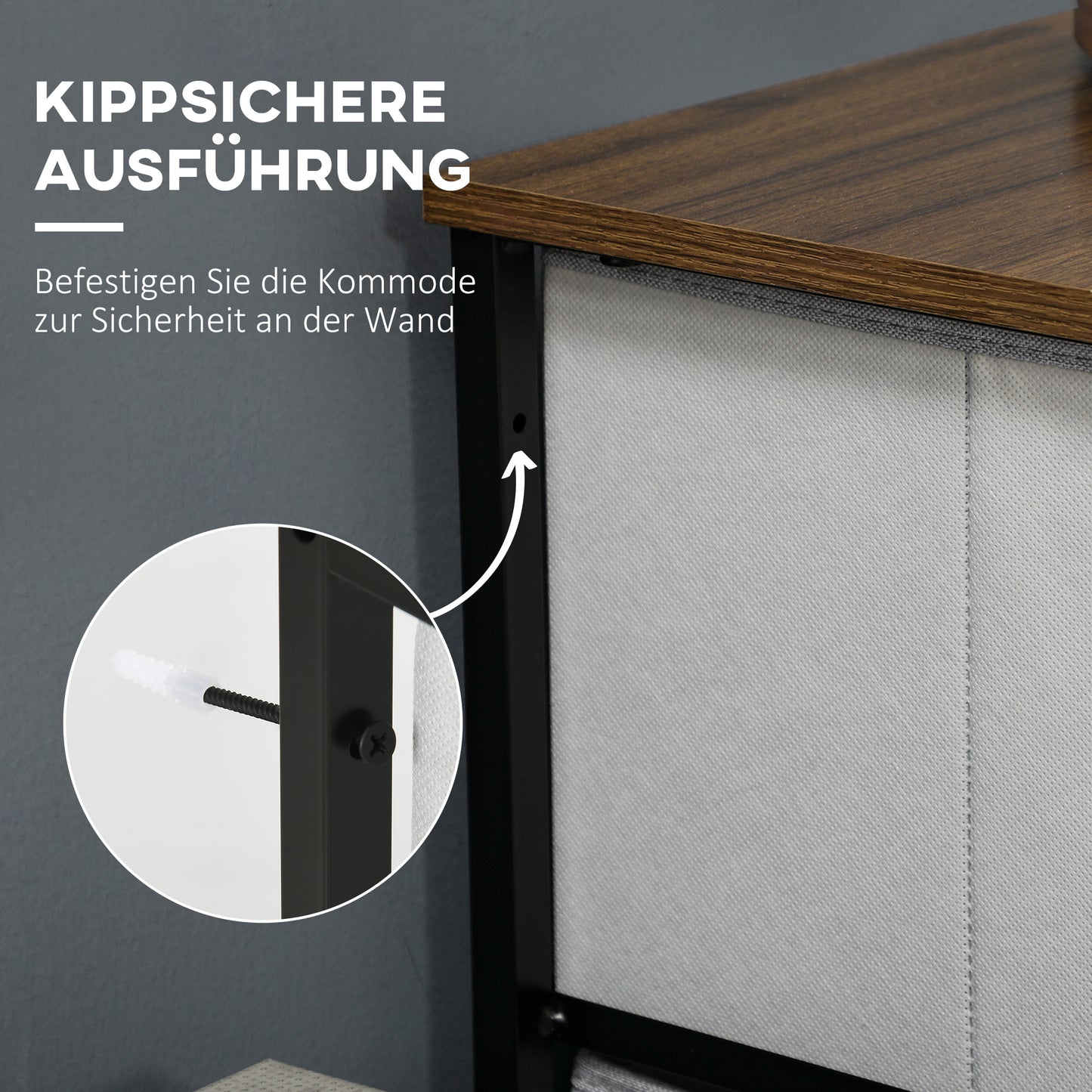 HOMCOM Kommode mit 8 Stoffschubladen, Metallrahmen, Ablage, 80x30x81,5 cm, Grau/Schwarz