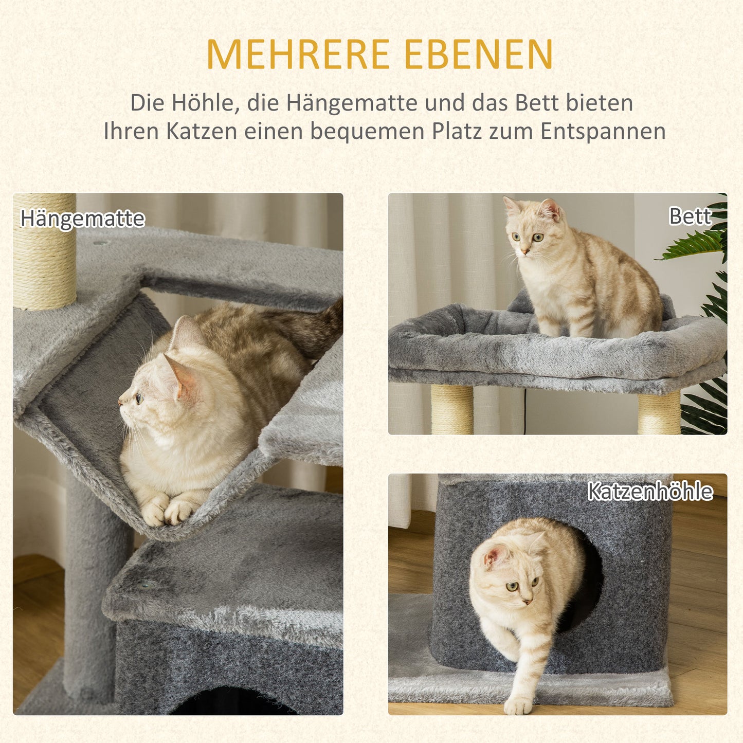 PawHut Katzenbaum 90 cm Kratzbaum mit Hängematte Spielbaum Katzenhöhle Plattformen Kletterbaum Katzenkratzbaum Aktivitätskratzbäum Plüsch Sisal Grau