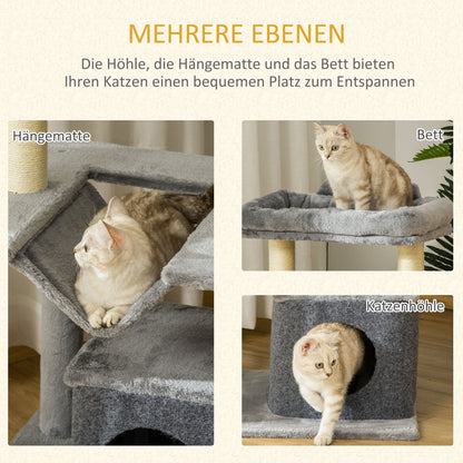 PawHut Katzenbaum 90 cm Kratzbaum mit Hängematte Spielbaum Katzenhöhle Plattformen Kletterbaum Katzenkratzbaum Aktivitätskratzbäum Plüsch Sisal Grau