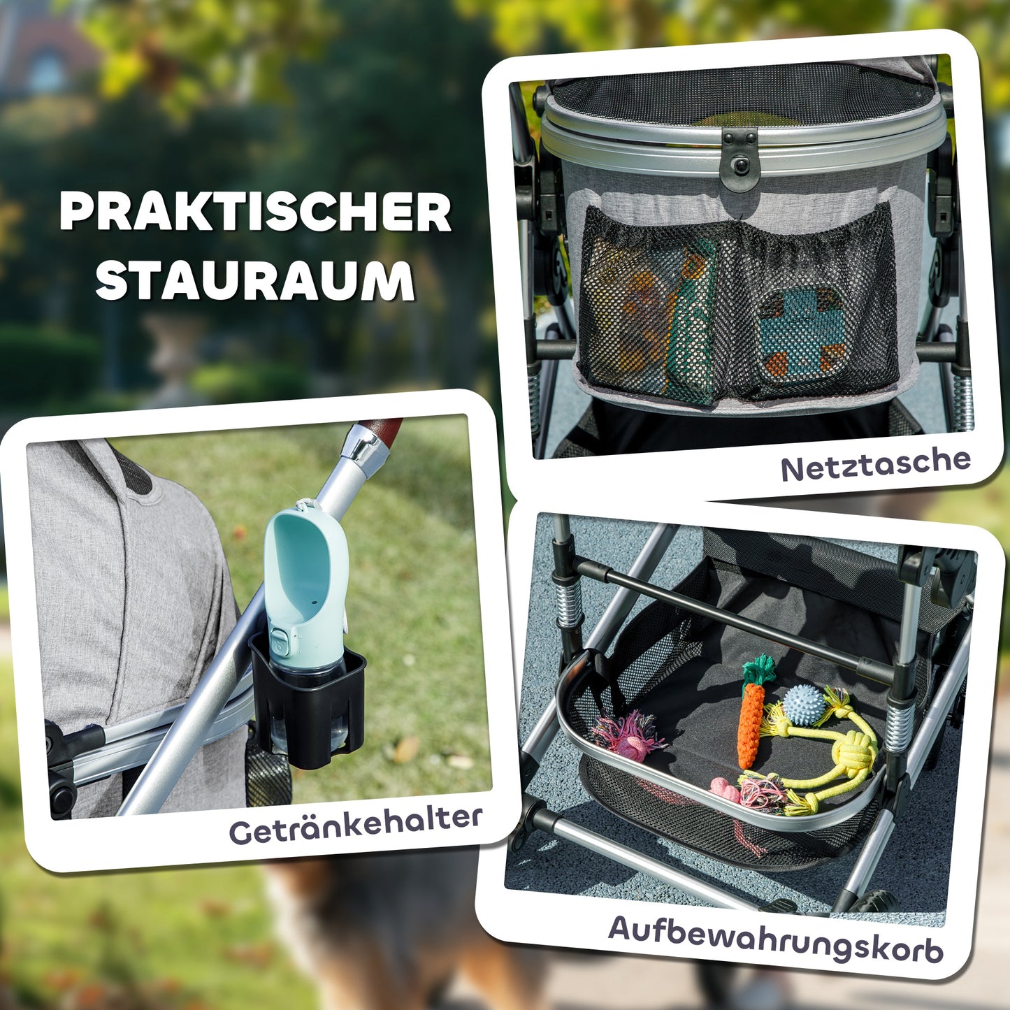 PawHut Hundewagen 3 in 1 Hundebuggy klappbar för Katzen till 10 kg Katzenbuggy mit Kissen Becherhalter Hellgrau