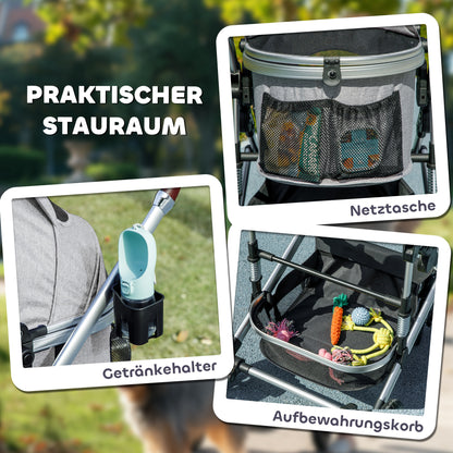 PawHut Hundewagen 3 in 1 Hundebuggy klappbar för Katzen till 10 kg Katzenbuggy mit Kissen Becherhalter Hellgrau