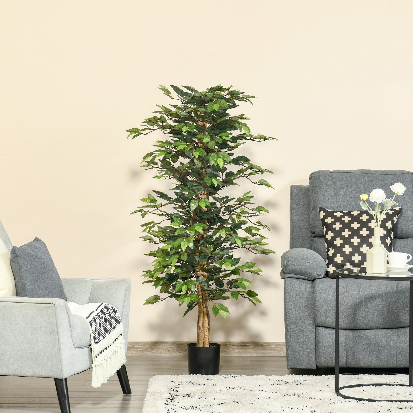 HOMCOM Künstlicher Ficus-baum groß 150 cm Kunstbaum, Kunstpflanze, Plastik Künstliche Pflanzen im Topf, Fake Plant wie echt für Wohnzimmer Schlafzimmer Büro Garten Moderne Dekoration Geschenk