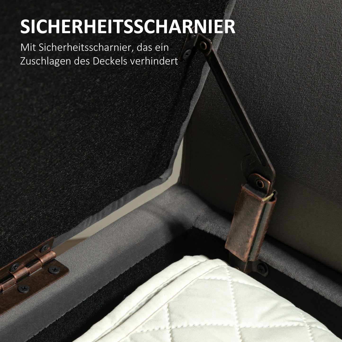 HOMCOM Polsterbank mit Stauraum, Truhenbank mit Armlehnen, 46 cm Sitzhöhe, samtartiges Polyester, 111,5 x 41 x 65 cm, Dunkelgrau