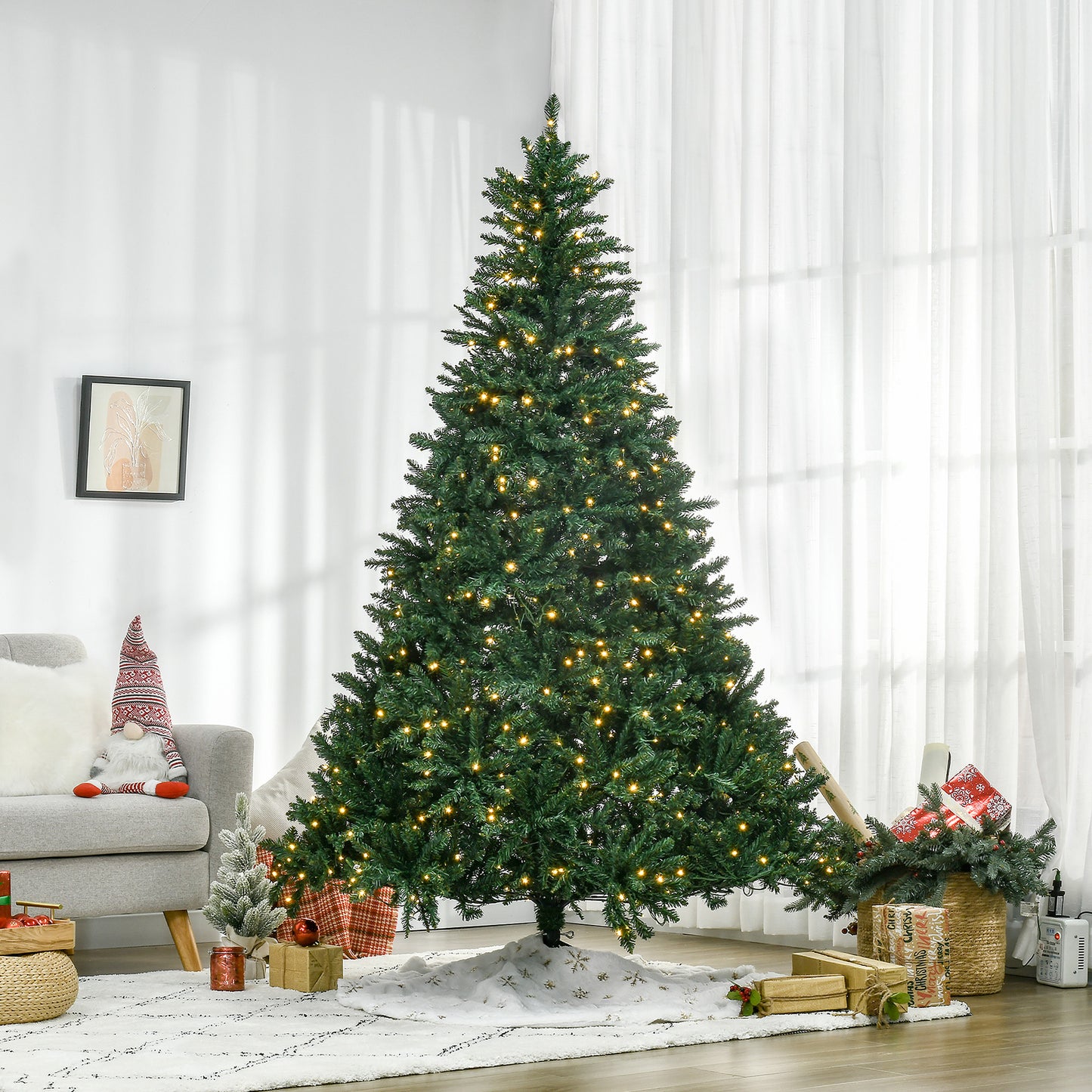 HOMCOM Weihnachtsbaum, 700 warmweiße LEDs, 2154 Zweige, flammhemmend, Kunststoff/Metall, 210 x 142 cm, Grün