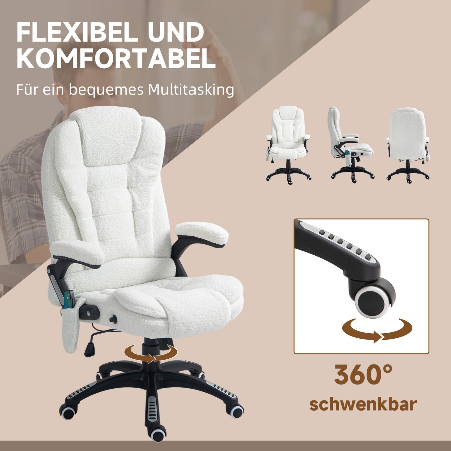 Vinsetto Bürosessel Massagefunktion Massagebürostuhl, Massagefunktion, höhenverstellbar, 67 x 74 x 107-116 cm, Weiß