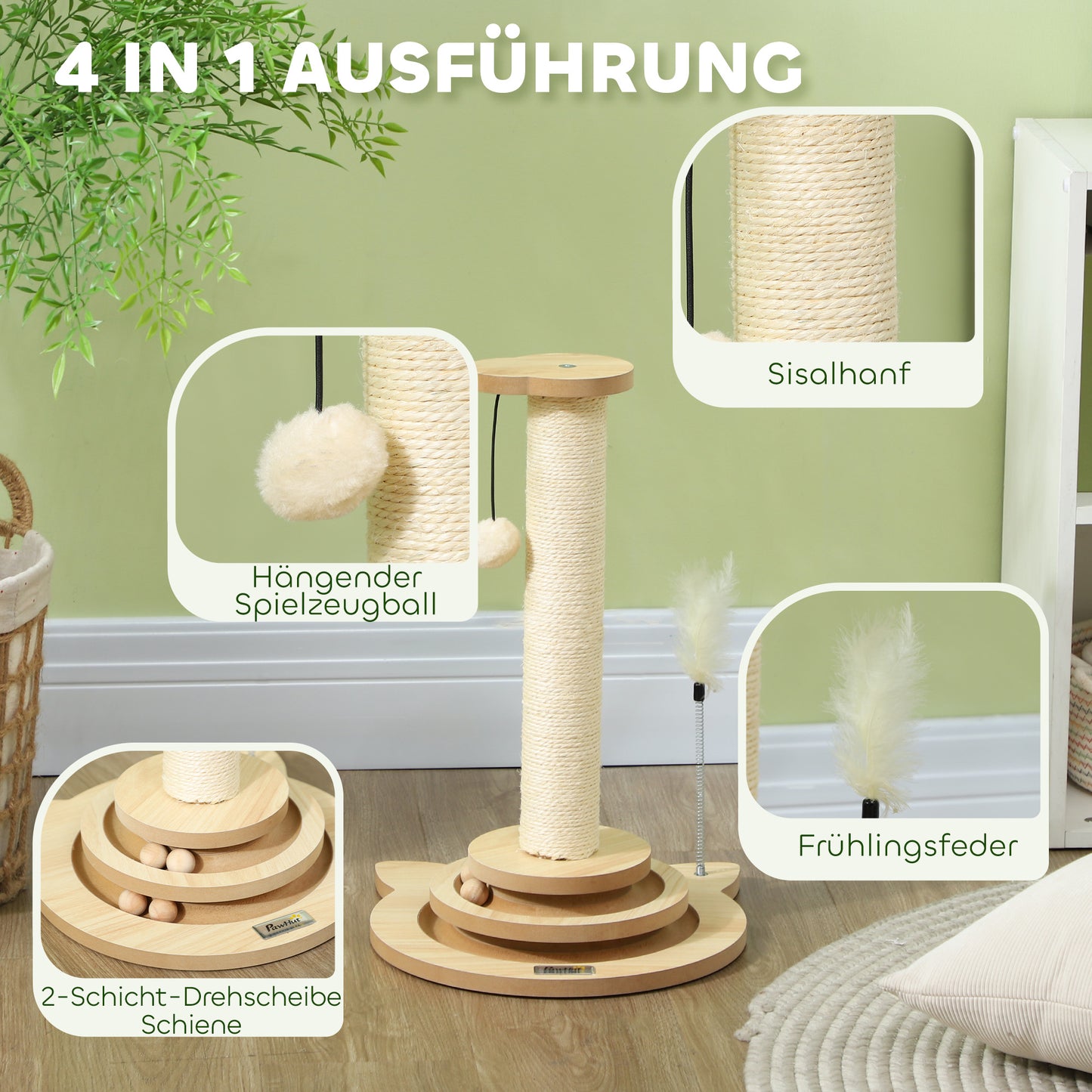 PawHut Katzen-Kratzbaum, 49 cm, Sisal-Kratzpfosten, Kugelbahn, Spielball, Spielfeder, 4-in-1-Design, Eiche, Weiß