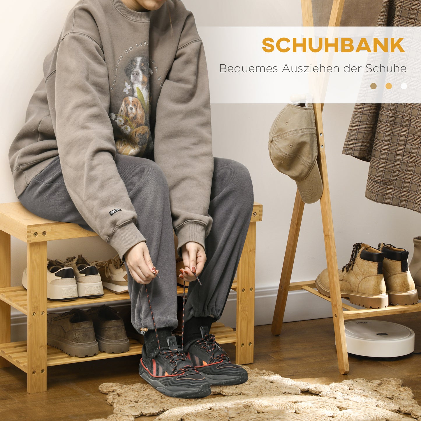 HOMCOM Schuhbank, 3 Etagen, Platz für 6-9 Paar Schuhe, bis 130 kg, Bambus, 70 x 28 x 45cm