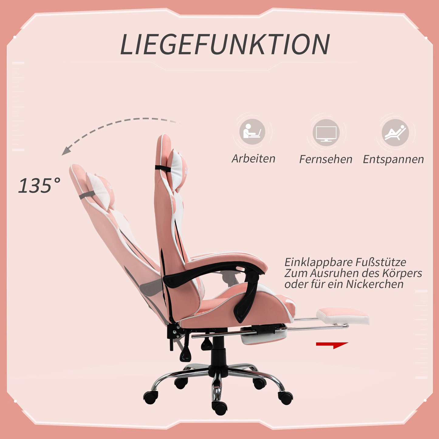 Vinsetto Gamingstuhl Computerstuhl Ergonomischer Bürostuhl Gamer Stuhl mit Kopfstütze Lendenkissen Bürostuhl höhenverstellbar 360°drehbar Schaumstoff Kunstleder PVC Rosa+Weiß 64 x 67 x 119-127 cm